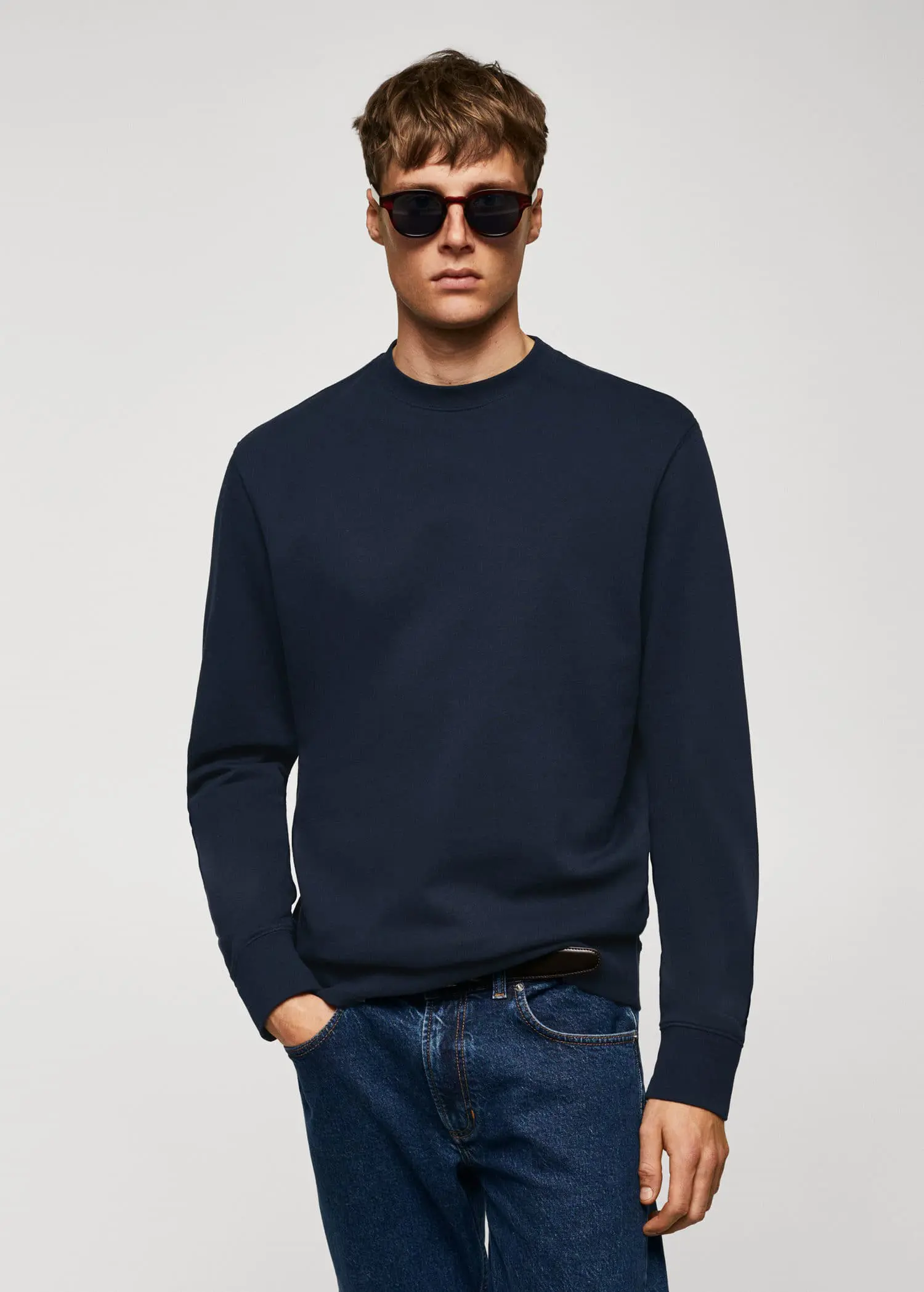 Mango 100% cotton basic sweatshirt . a man wearing sunglasses and a black sweater. 