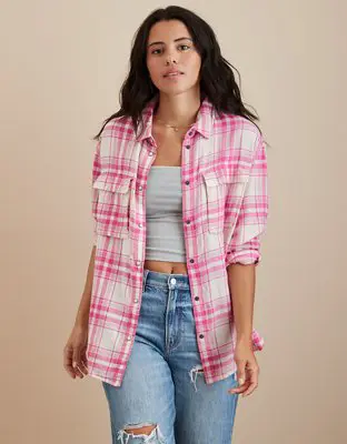 American Eagle Oversized Long-Sleeve Plaid Button-Up Shirt. 1