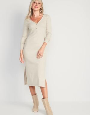 Fitted Long-Sleeve Heathered Rib-Knit Henley Midi Dress for Women beige