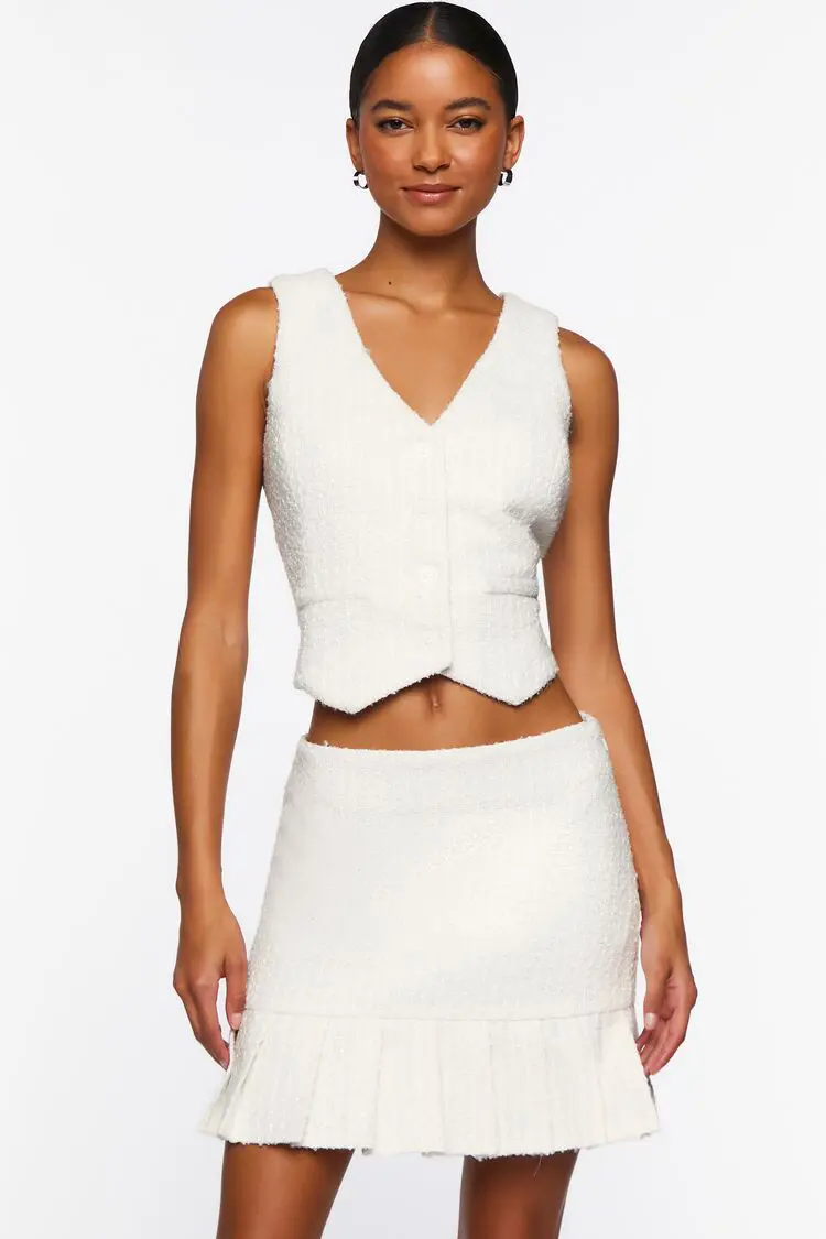 Forever 21 Forever 21 Pleated Tweed Drop Waist Skirt White White