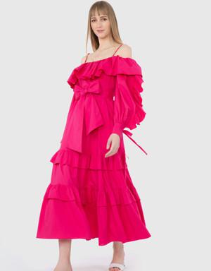 Low Sleeve Rope Strap Midi Pink Dress