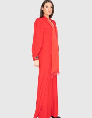 Stone Detailed Red Jumpsuit