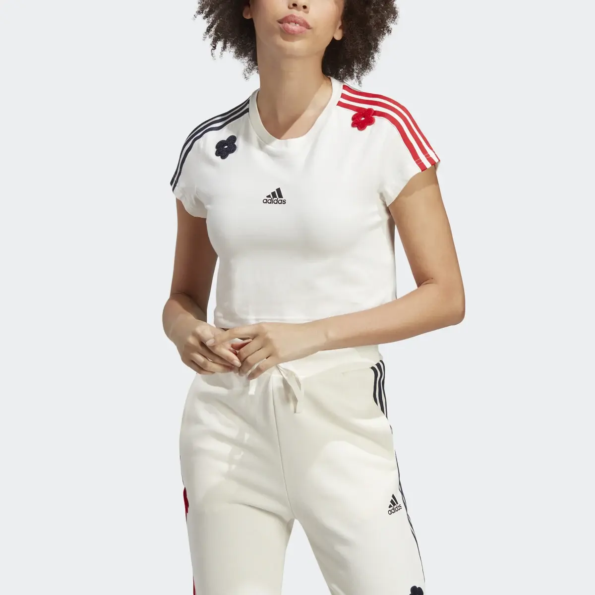 Adidas 3-Stripes Crop Top with Chenille Flower Patches. 1