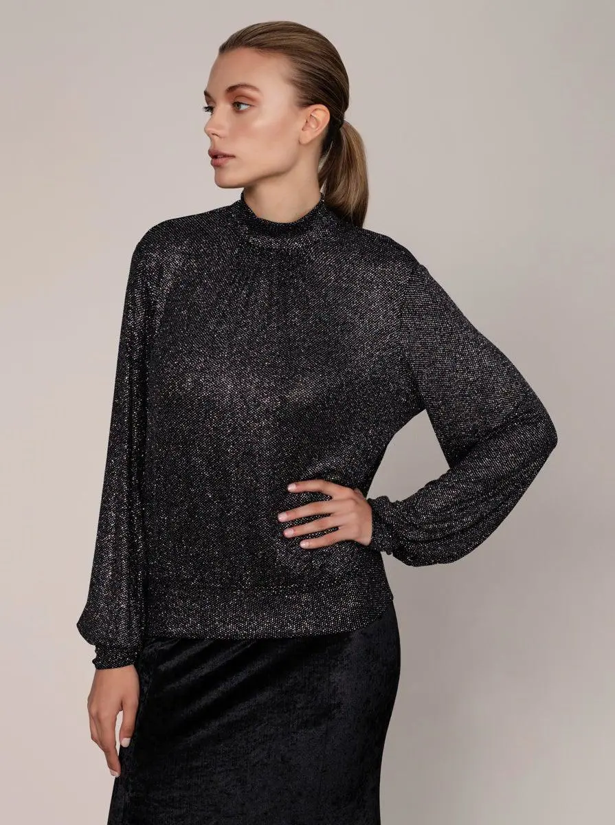 Roman Shimmering Lantern Sleeve Mockneck Black Blouse - 4 / ORIGINAL. 1