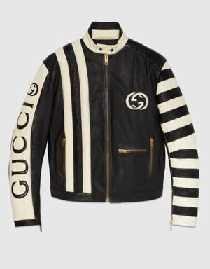 Goat leather biker jacket with Gucci script