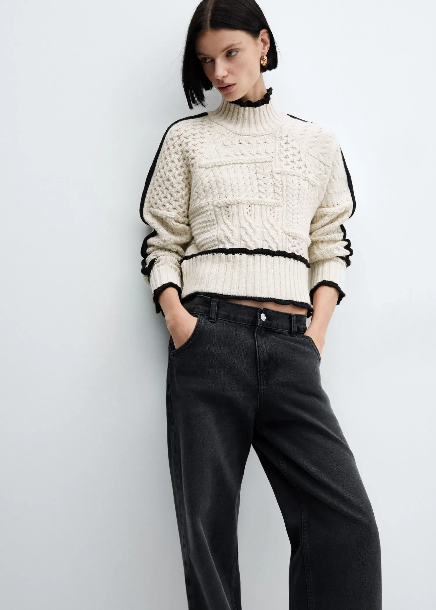 Mango Cable-knit sweater with contrasting trim. 1
