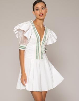 Pleated Sleeve Detailed Knitwear Striped White Poplin Dress