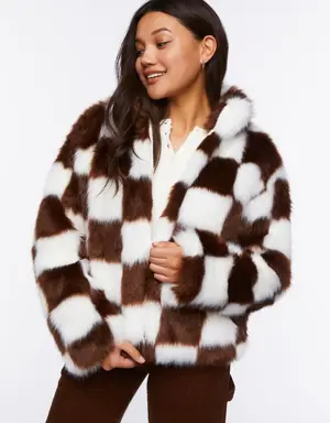 Forever 21 Checkered Faux Fur Coat Dark Brown/White