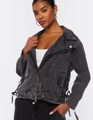 Forever 21 Denim Lace Up Moto Jacket Black