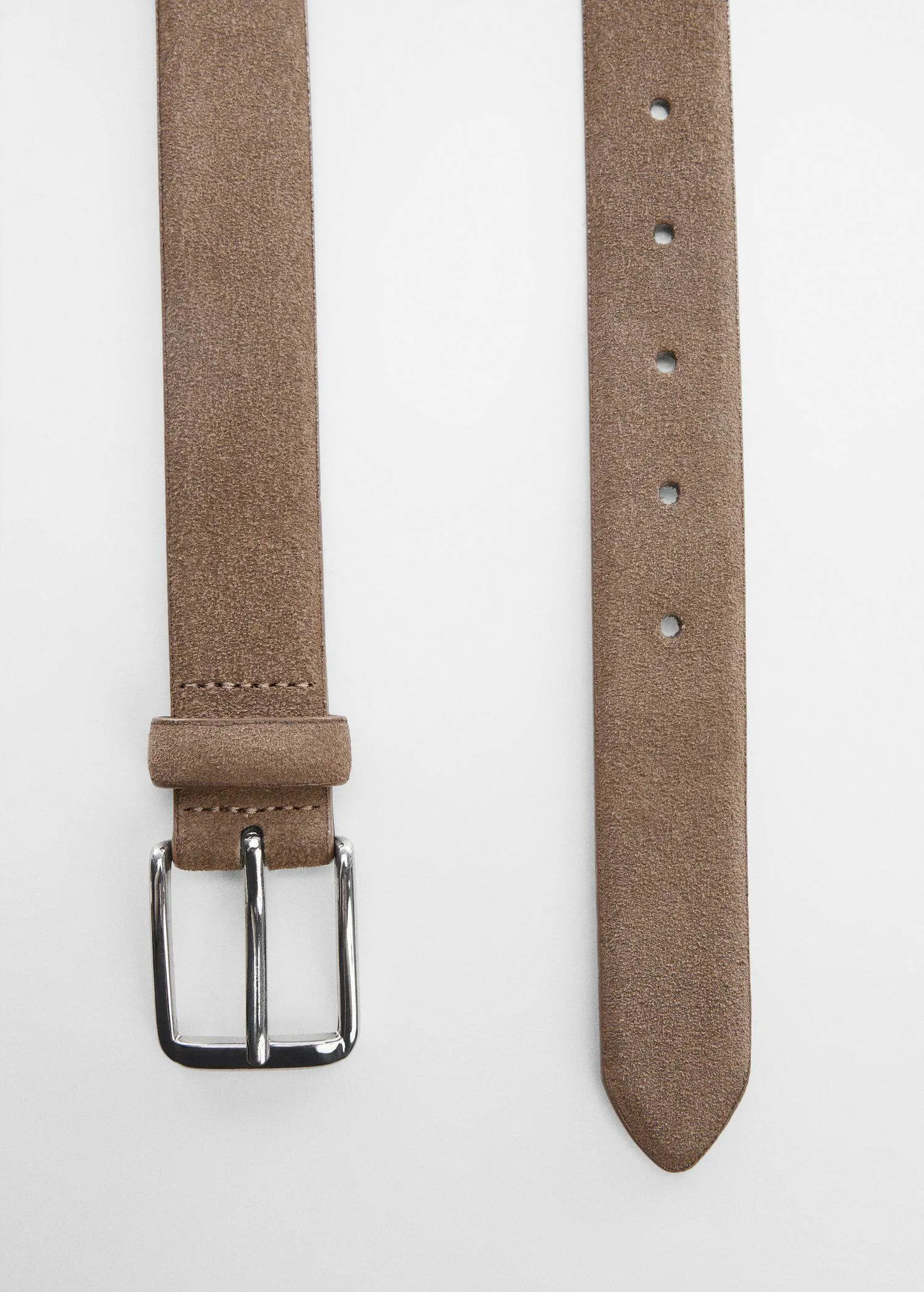Mango Suede belt. a close-up of a brown belt with a silver buckle. 