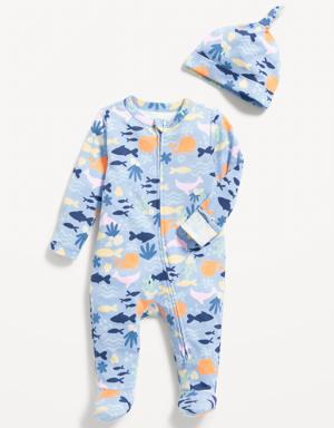 Unisex Printed Sleep & Play 2-Way-Zip Footed One-Piece and Beanie Set for Baby green