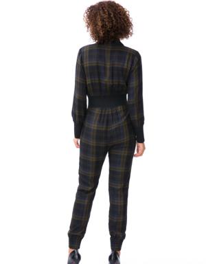 Plaid Double Breasted Jacket Collar Green Jumpsuit