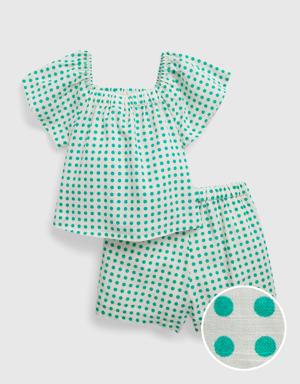 Toddler Linen-Cotton Flutter Sleeve Outfit Set green