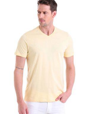 Sarı Düz Slim Fit 100% Pamuk V Yaka Tişört
