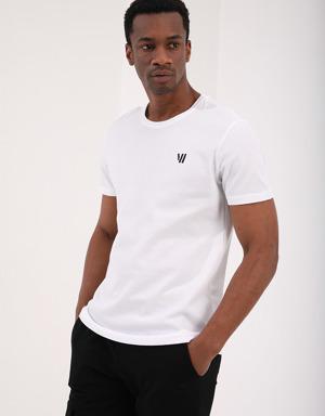 Beyaz Petek Dokulu Çift Ok Logolu Standart Kalıp O Yaka Erkek T-Shirt - 87921
