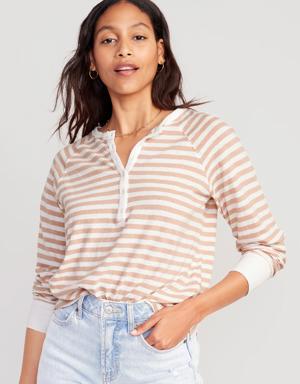 Long-Sleeve Striped Henley T-Shirt for Women multi
