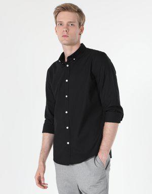 Slim Fit Shirt Neck Erkek Siyah Uzun Kol Gömlek