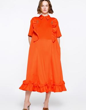 Orange Dress With Front Body Hidden Zipper Detail Embroidery On The Ruffle