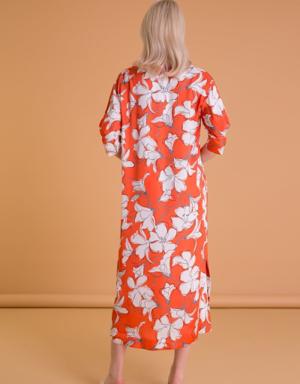 Floral Patterned Shirt Collar Orange Midi Dress