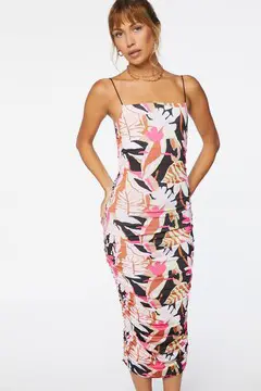 Forever 21 Forever 21 Tropical Print Ruched Midi Dress Black/Multi. 2