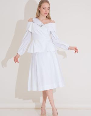 High Waist Corsage White Pleated Midi Skirt