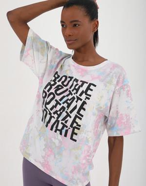 Pembe Yazı Baskılı Batik Desenli O Yaka Kadın Oversize T-Shirt - 97126