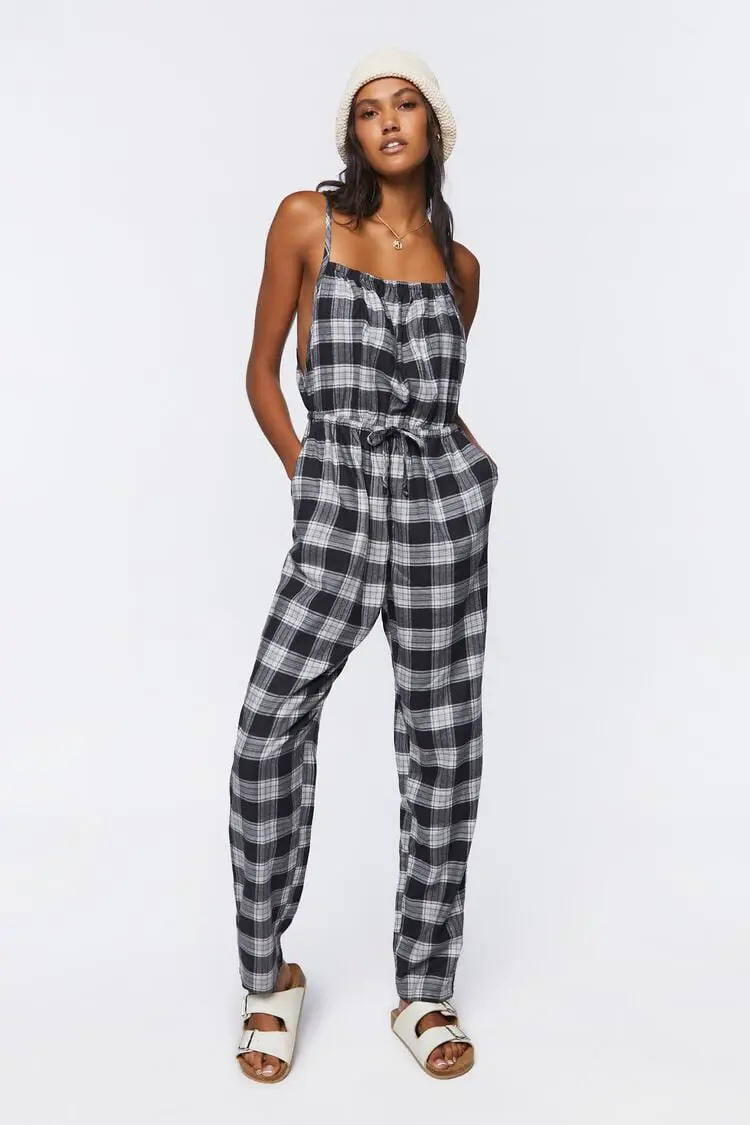 Forever 21 Forever 21 Plaid Cami Drawstring Jumpsuit Black. 1