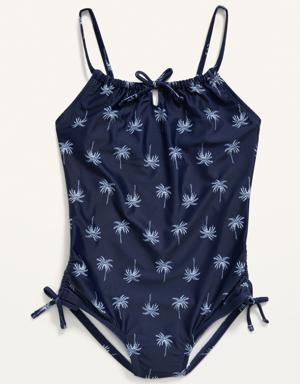 Patterned Cinch-Tie One-Piece Swimsuit for Girls blue
