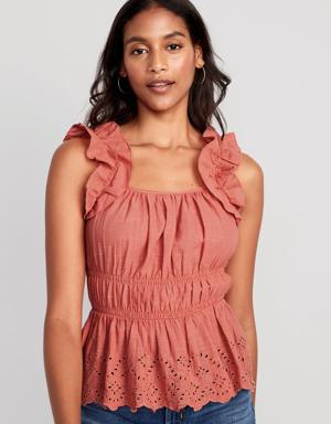 Sleeveless Waist-Defined Ruffle-Trim Embroidered Babydoll Blouse for Women pink