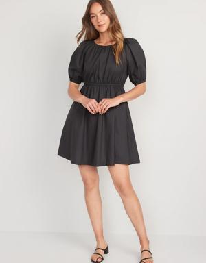 Waist-Defined Cotton-Poplin Puff-Sleeve Shirred Mini Dress for Women black