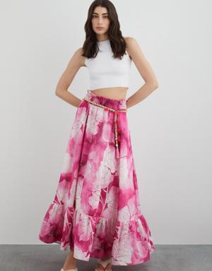 Long Pink Skirt With Chain Belt Lining With Floral Detail