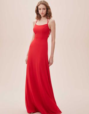 Kırmızı Askılı Sırtı Çapraz İpli Şifon Uzun Elbise