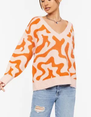 Forever 21 Abstract Print V Neck Sweater Pink/Orange