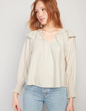 Puff-Sleeve White-Wash Ruffle-Trimmed Smocked Jean Blouse for Women beige