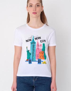 New York City Baskılı Bisiklet Yaka T-shirt