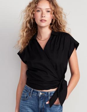 Short-Sleeve Tie-Wrap Top for Women black