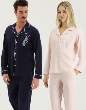 Kadın & Erkek Feather Nakışlı Çeyizlik 4’lü Pijama Seti