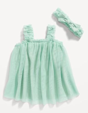 Sleeveless Tulle Swing Dress & Headband Set for Baby green