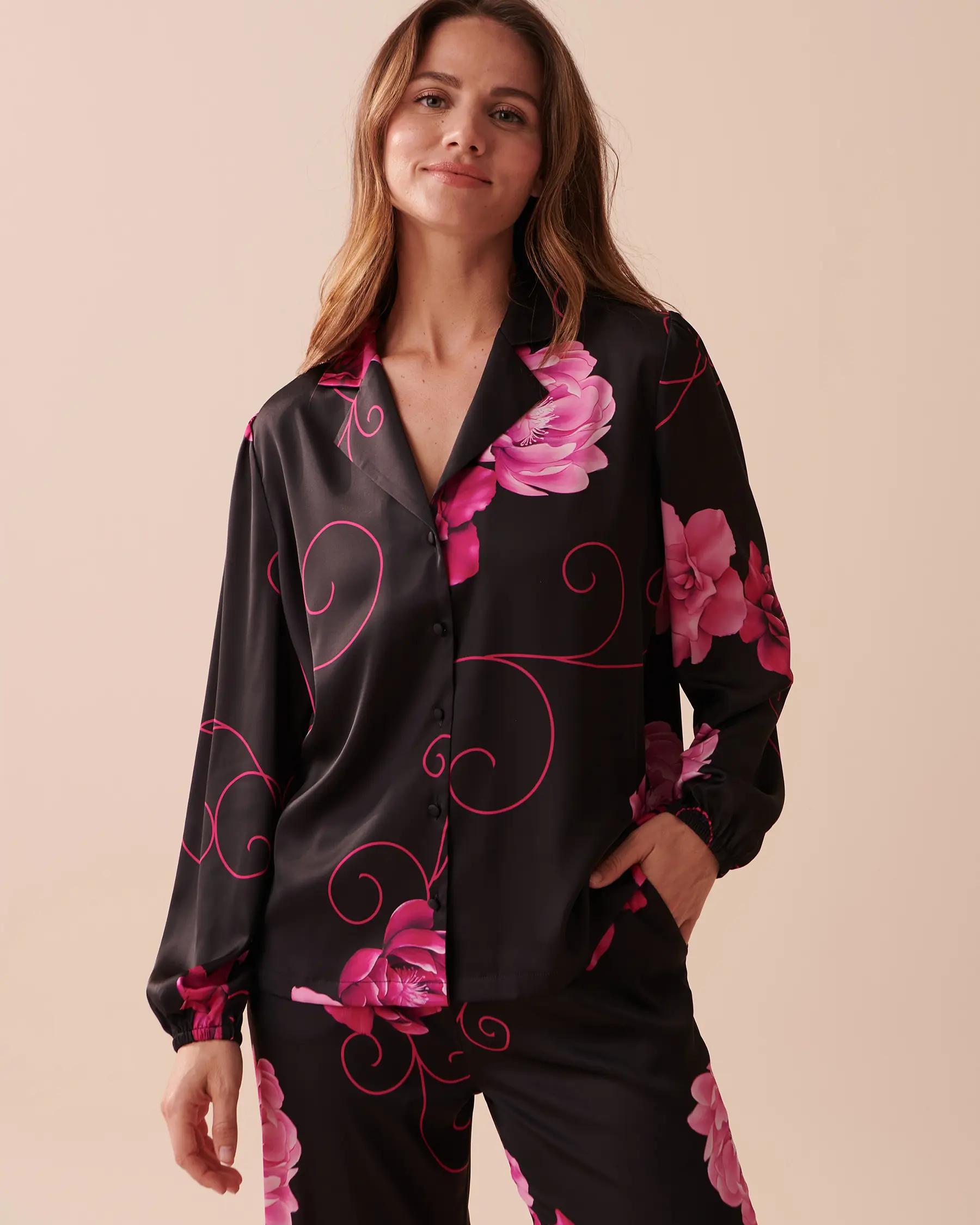 La Vie en Rose Satin Long Sleeve Button-down Shirt. 1