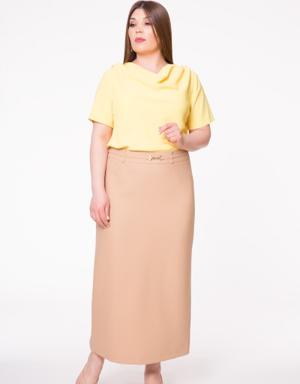 Belt Buckle Detailed Back Slit Yellow Midi Skirt