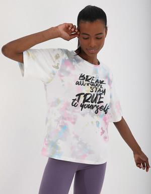 Pembe Yazı Baskılı Batik Desenli O Yaka Kadın Oversize T-Shirt - 97125