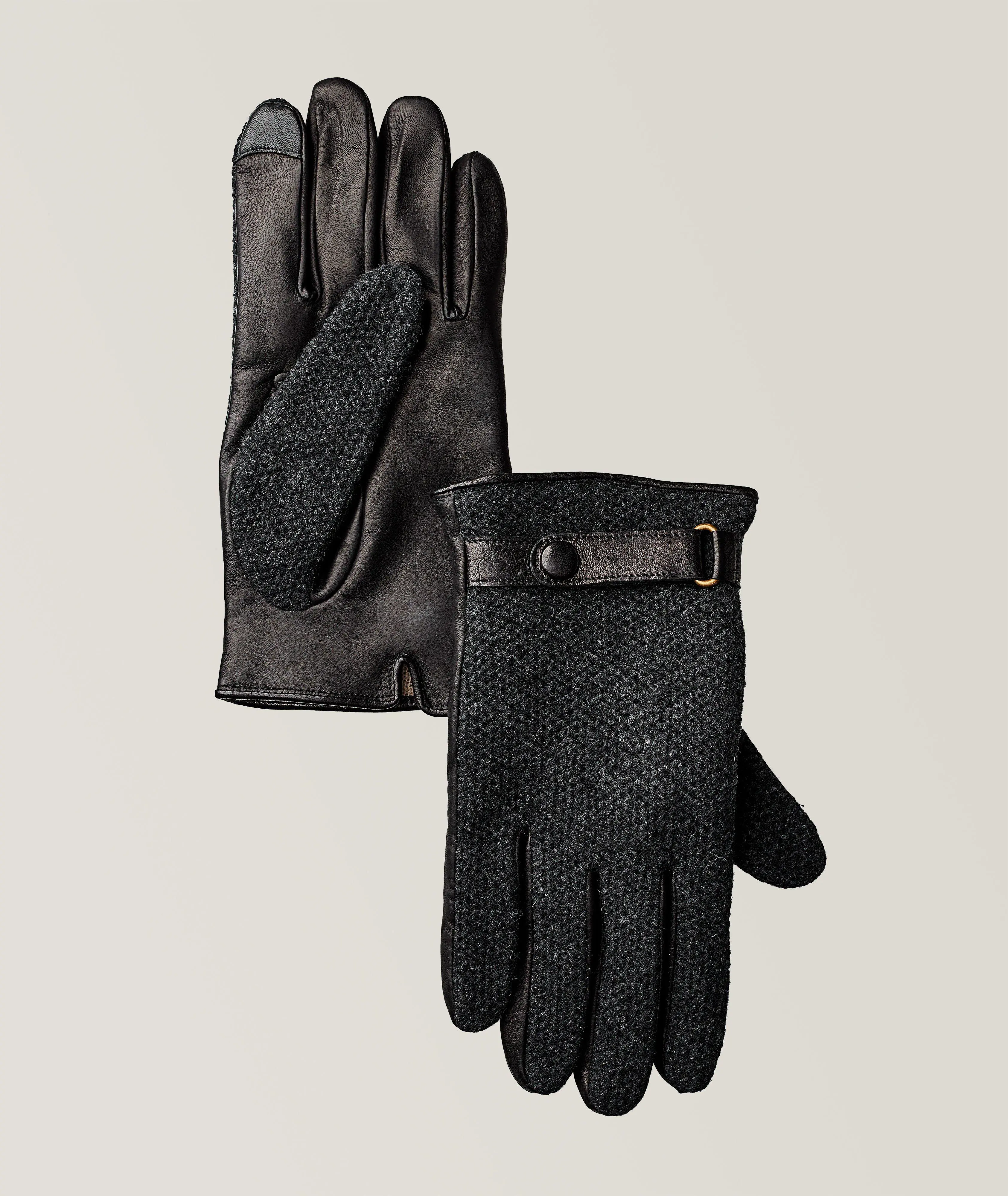 Harry Rosen Knit Cashmere Leather Snap Gloves. 1