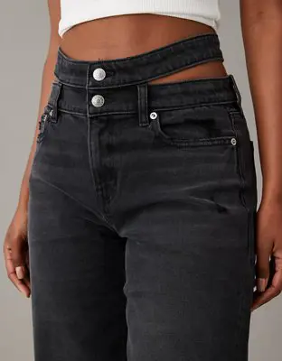 American Eagle Stretch Super High-Waisted Baggy Straight Cut-Out Jean. 1