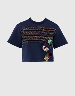 Embroidered Appliqué Detailed Navy Tshirt