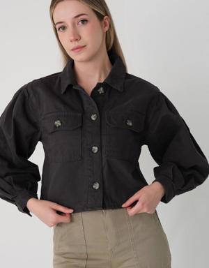 Düğmeli Crop Denim Ceket