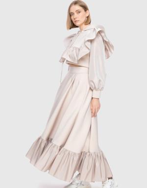 Ankle Length Beige Skirt With Contrast Garnish Pleated Hem
