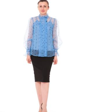With Ruffle And Flounce Detail On The Collar Polka Dot Blue Shirt