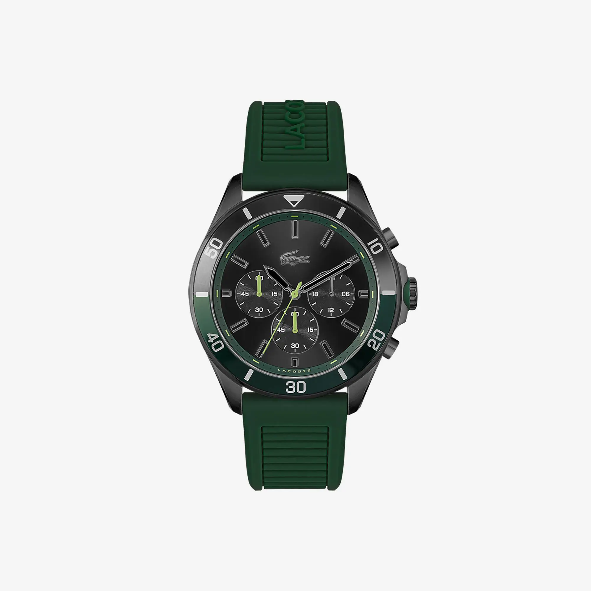 Lacoste Montre chronomètre Tiebreaker noire avec bracelet vert en silicone. 1