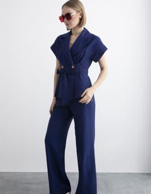 Navy Blue Suit with Belt Detail Vest and Trousers