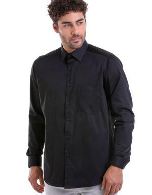 Siyah Comfort Fit Uzun Kol %100Pamuk Düz Saten Klasik Gömlek